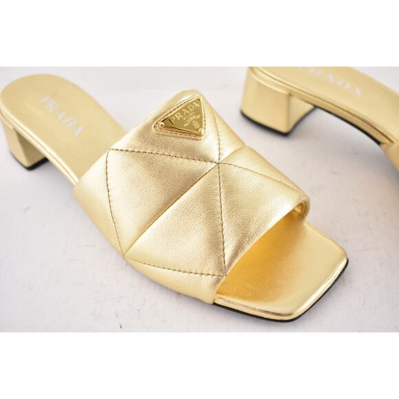 Prada Quilted Leather Diagram Gold Platino Logo Slide Sandal Block Heel 41.5 - Picture 5 of 15